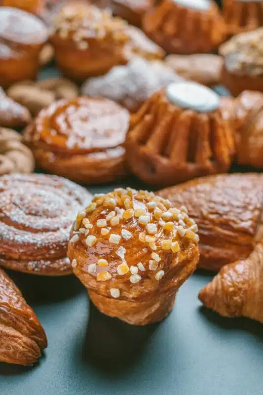 Delicious fresh pastries on black table