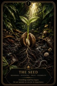 The Seed — Living Oracle card 01. Beginning, potential, trust, possibility.